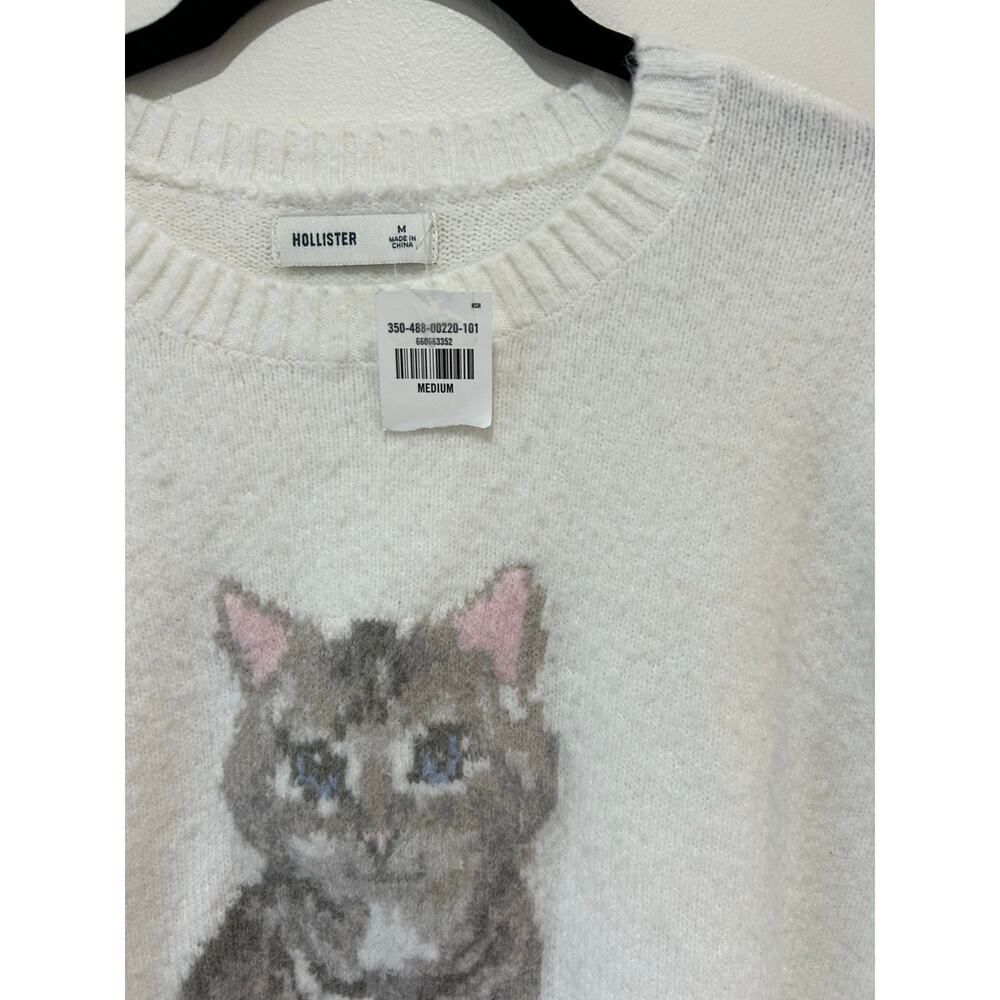 Hollister graphic cat sweater womens M white crewneck NWT coquette preppy - Picture 2 of 5